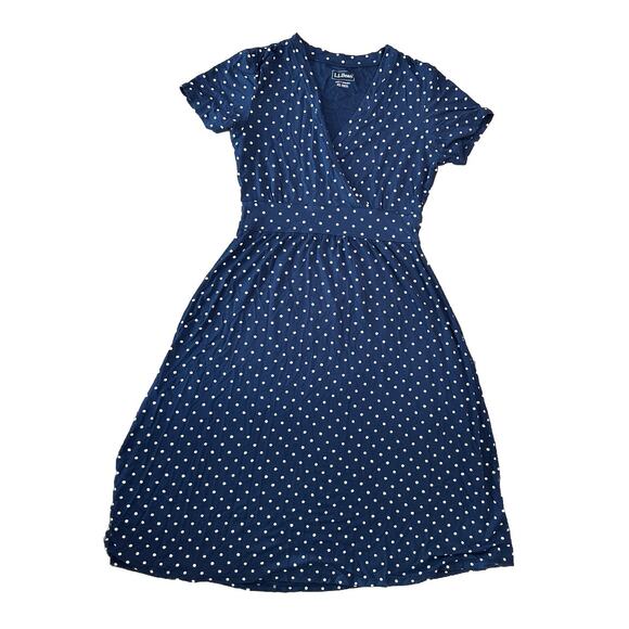 LL Bean Dress XS Navy White Polka Dot Sleeveless Jersey Knit V-Neck wrap top - Picture 1 of 7